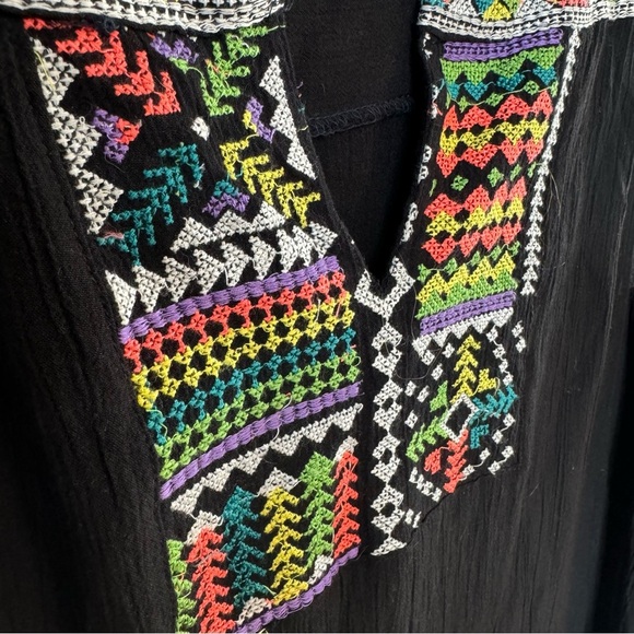 Exist long women’s flounce top black short sleeve SZ L embroidered Aztec print - Picture 3 of 5